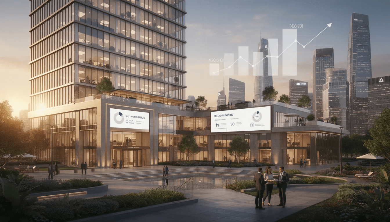 The image depicts a luxurious commercial real estate development, symbolizing sophisticated alternative investment strategies tailored for high net worth investors. It showcases modern architecture and expansive spaces, highlighting the potential for private equity and portfolio diversification in the realm of real estate investments.