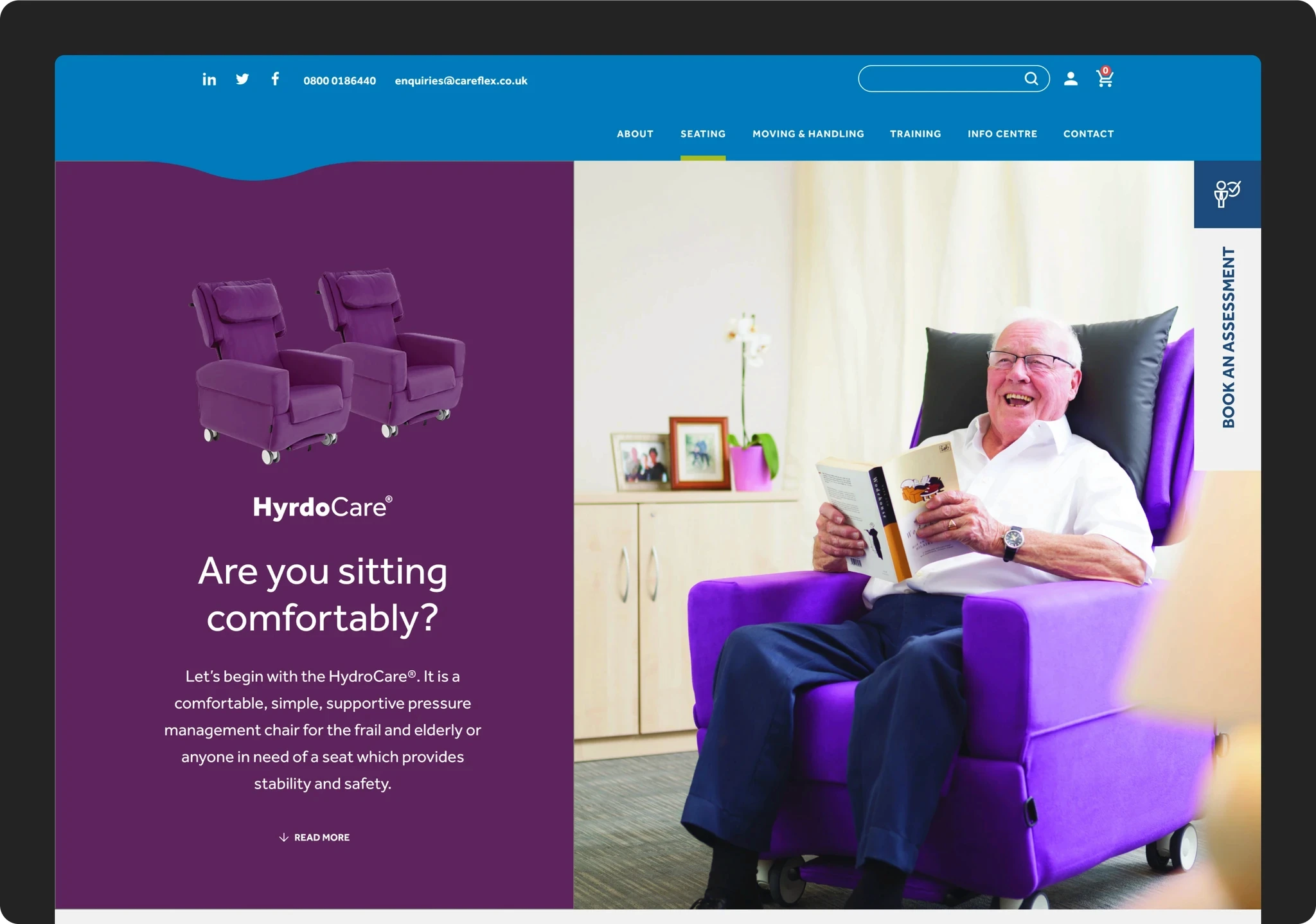 Set of CareFlex Screens showing product pages, info centre guidance, blog articles and landing pages