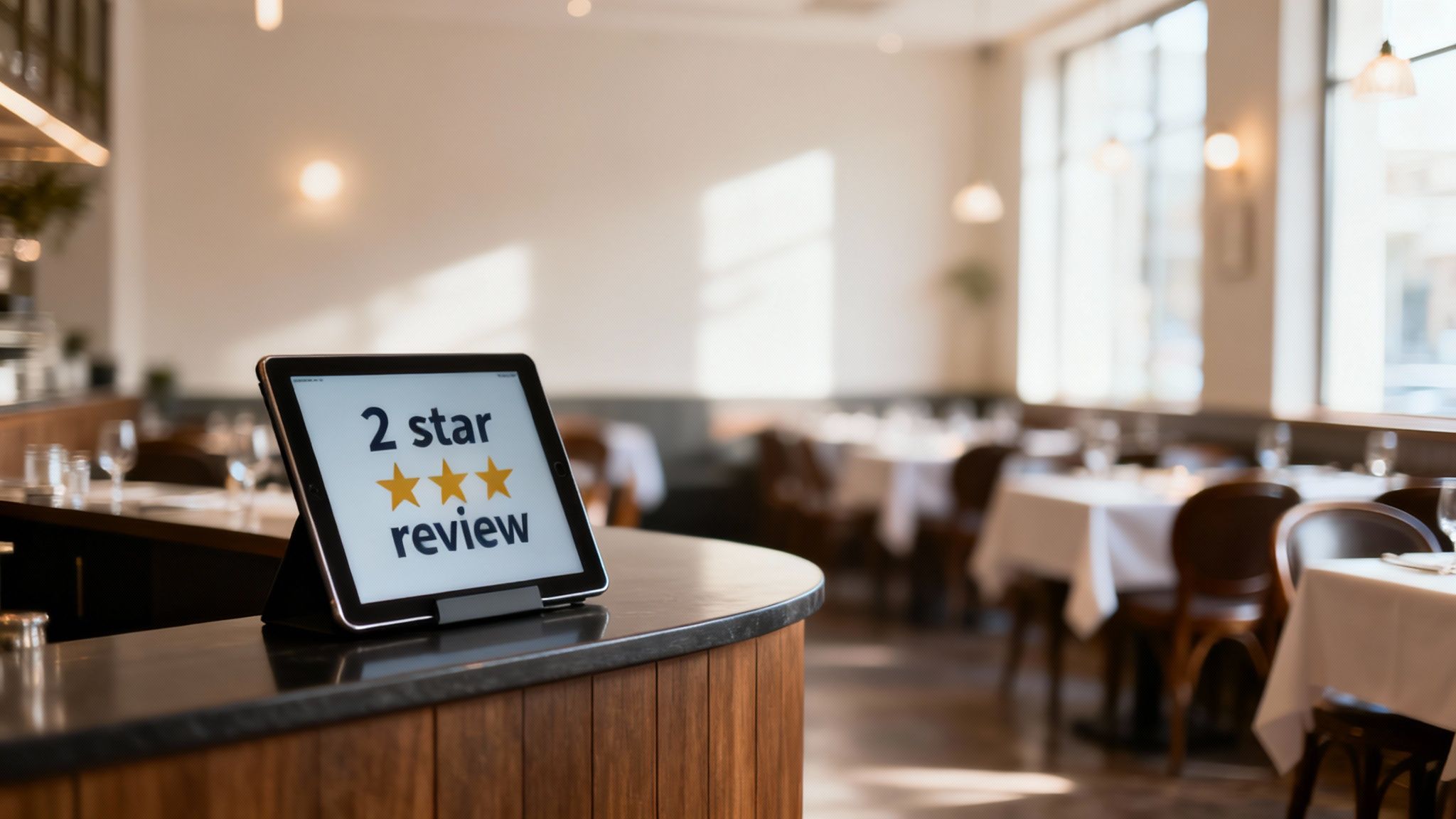 A tablet on a restaurant counter displays a '2 star review' with three gold stars.