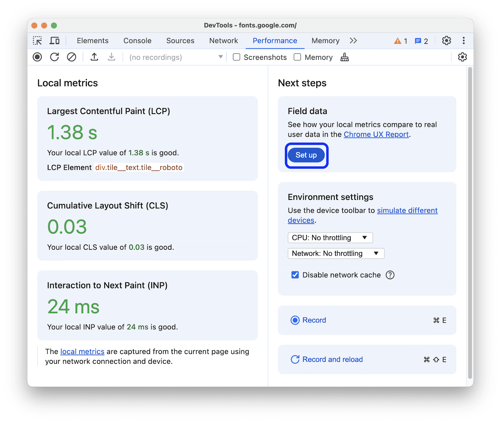 Screenshot of Chrome DevTools showing Local Metrics in the Performance section. The metrics include Largest Contentful Paint (LCP) at 1.38s, Cumulative Layout Shift (CLS) at 0.03, and Interaction to Next Paint (INP) at 24ms, with a note that all values are good. The 'Set up' button and 'Environment settings' options for simulating different devices are also visible on the screen.