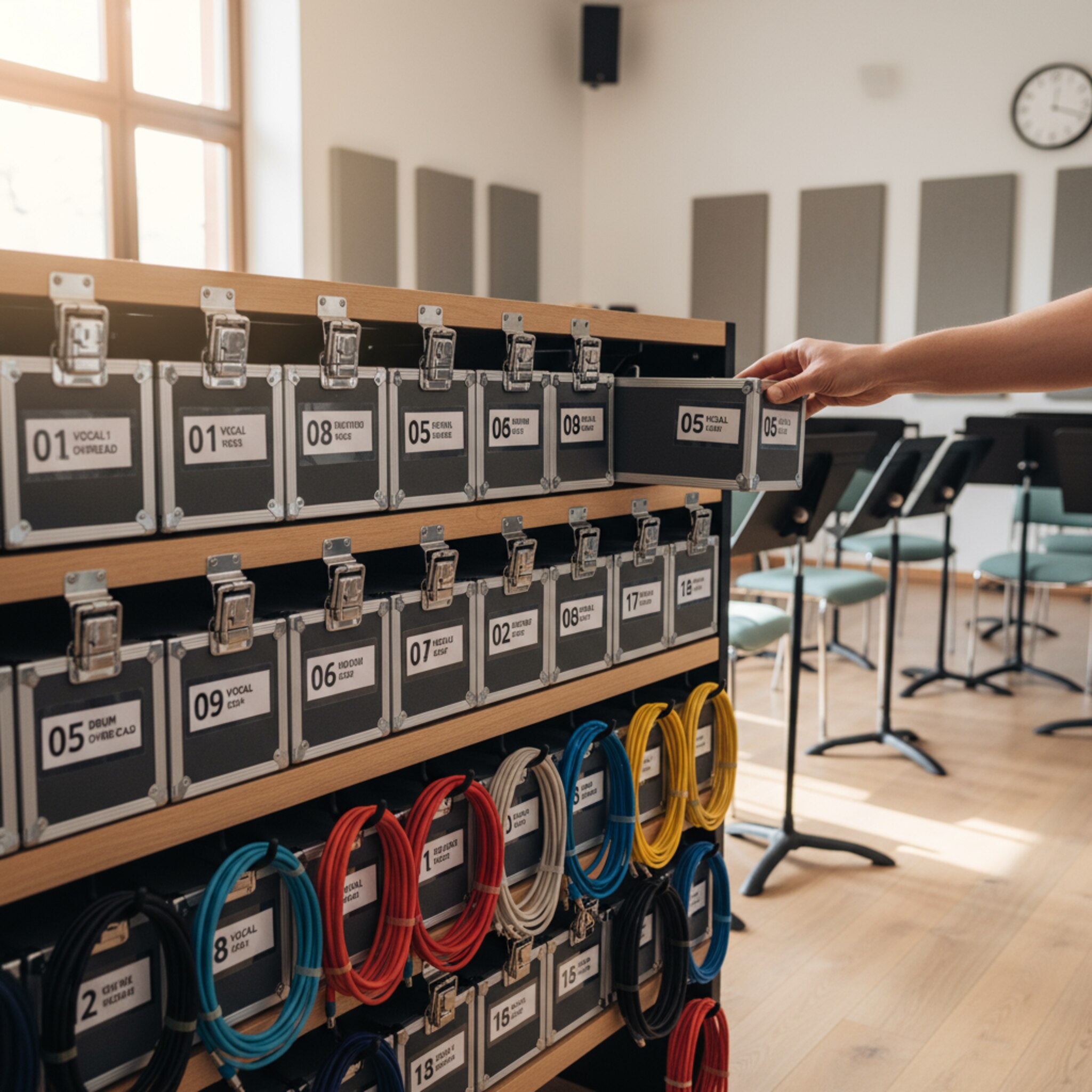 Ein aufgeräumtes Equipment-Rack mit nummerierten Mikrofonkoffern und ordentlich gerollten Kabeln. Eine Hand greift nach einem Koffer, im Hintergrund steht ein sauberer Raum mit Stühlen und Notenpulten. Sanftes Licht betont die Ordnung und Sorgfalt der Ausstattung.
