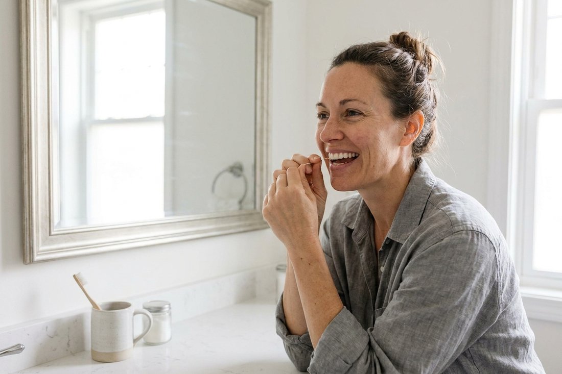 Woman flossing to care for her teeth and protect the gumline around veneers