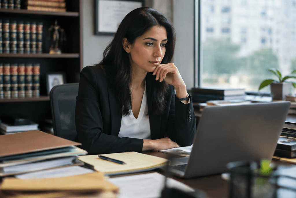 Attorney reviewing case files and search campaign results in a downtown law office