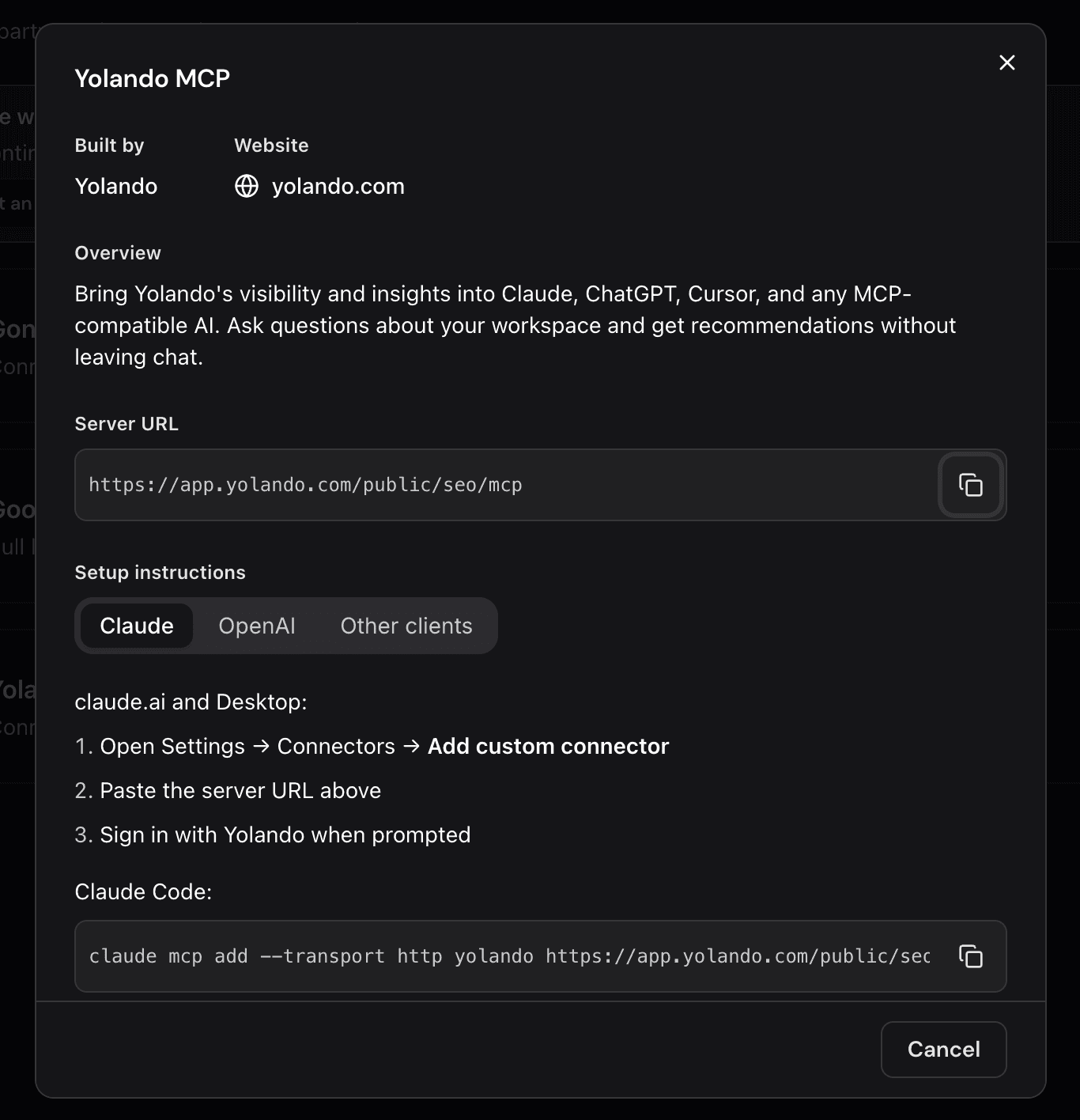Yolando server URL location in Settings