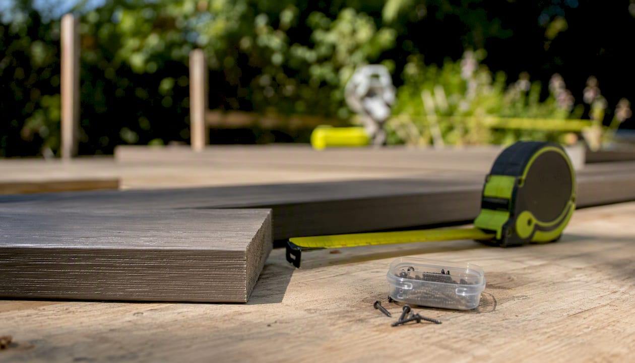 Close-up of square-edge composite decking board