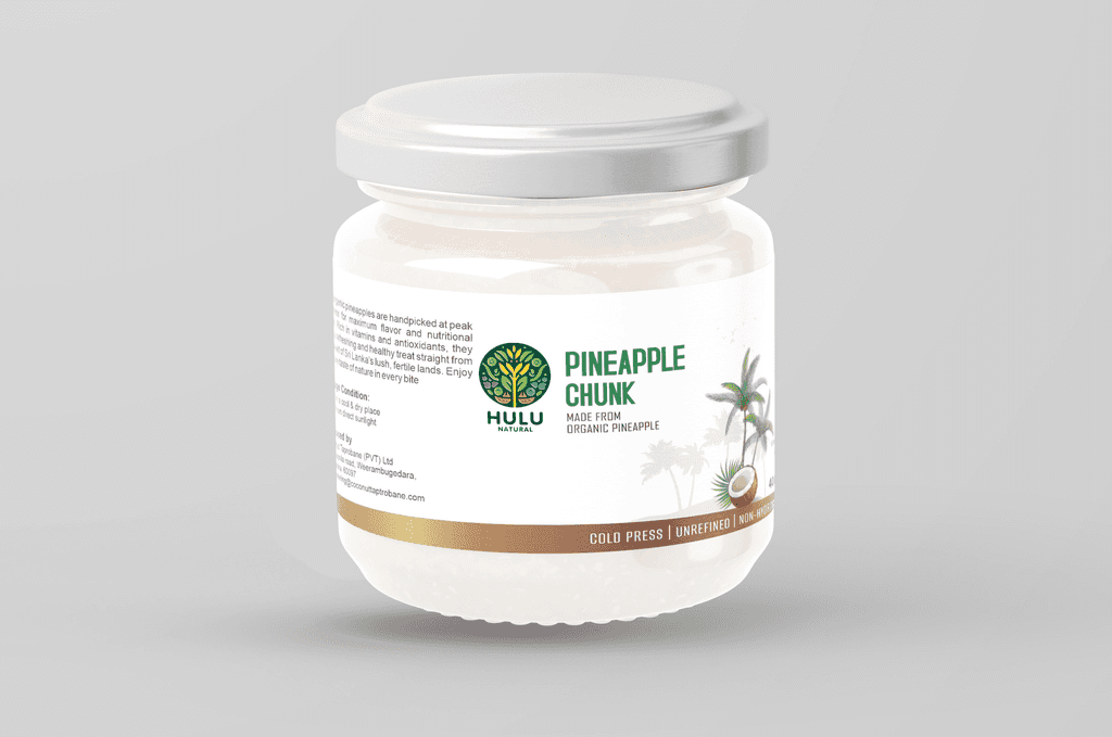 A jar of Hulu Natural Organic Pineapple Chunks.