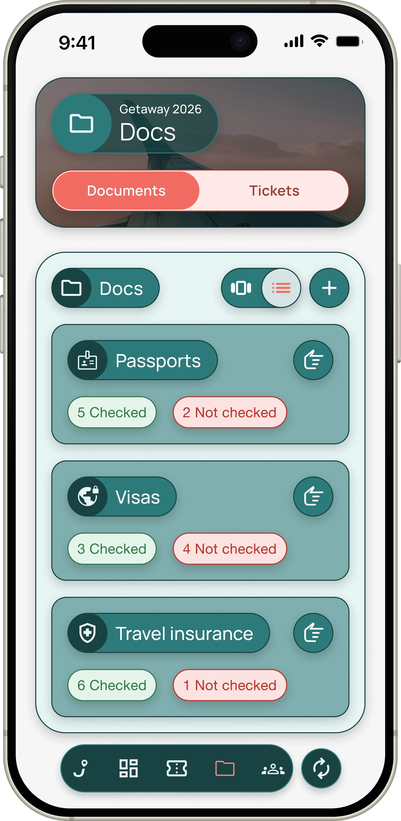 Jaunt documents screen tracking who has checked passports, visas and travel insurance