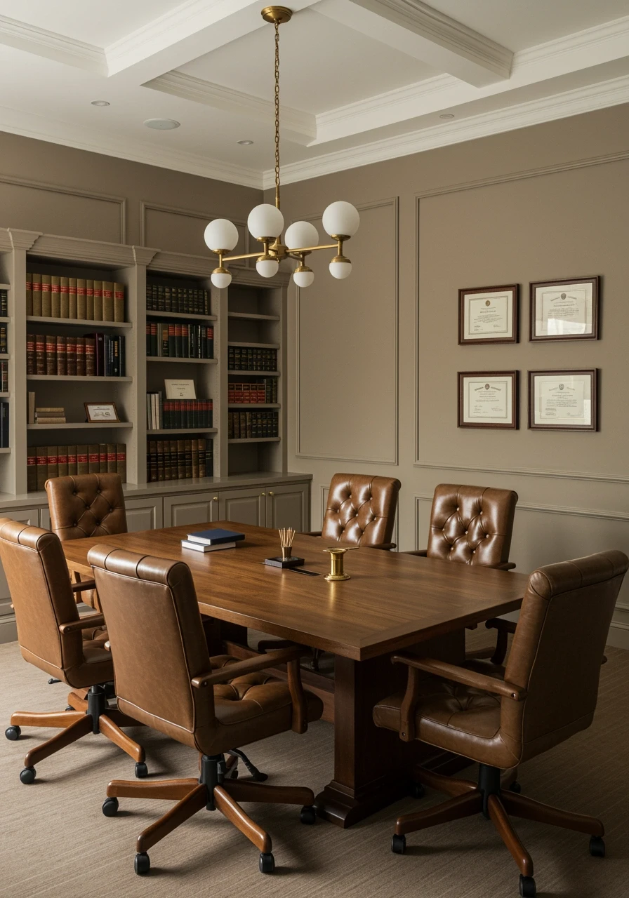 Traditional law office featuring taupe walls, white trim, and classic wooden furnishings