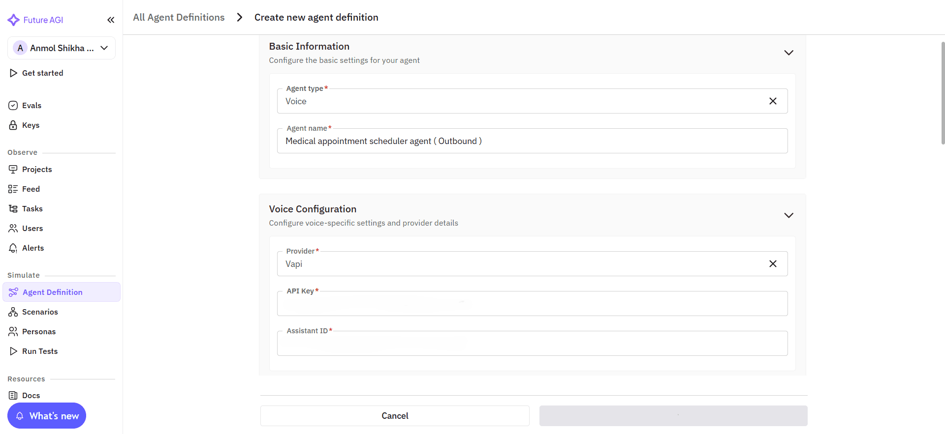 Future AGI platform showing voice agent setup with provider selection and API key configuration for voice AI evaluation testing