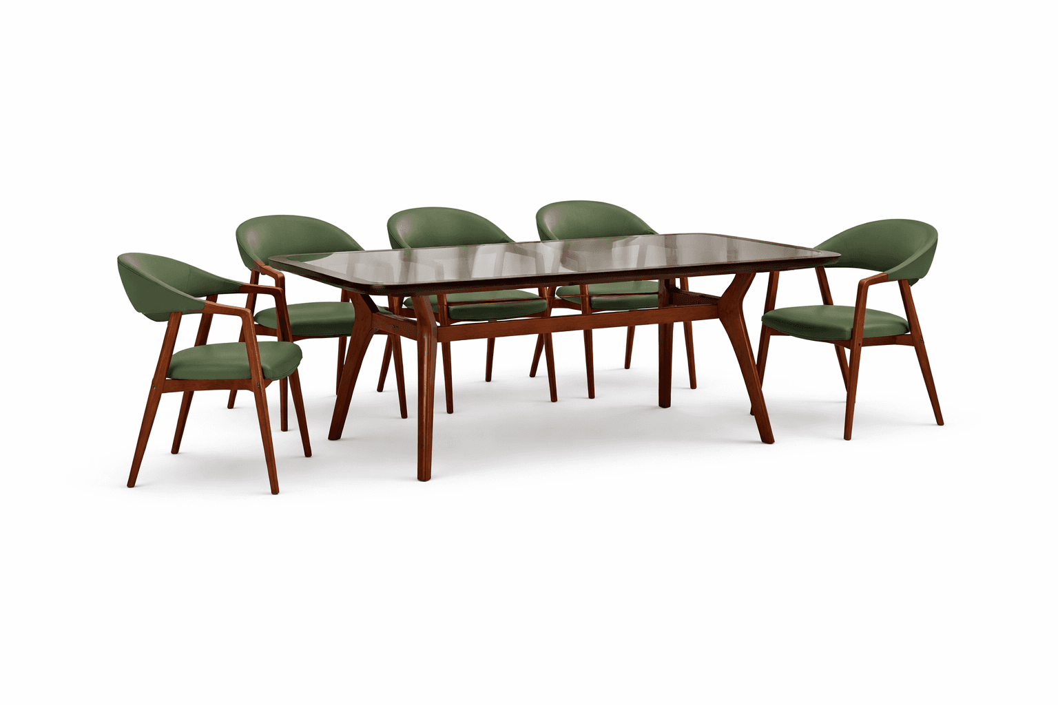 Rectangular curved glass‑top dining table with solid wood legs and curved upholstered chairs