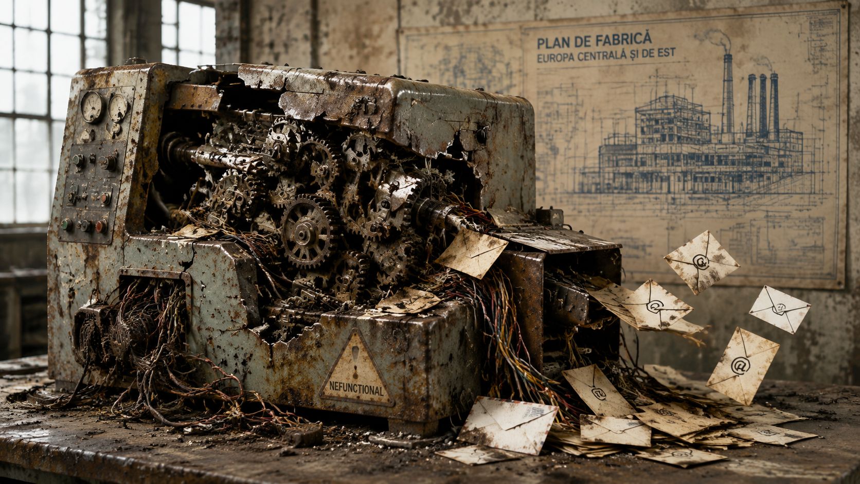 An old, rusted industrial machine processing letters with email symbols in a decrepit factory.