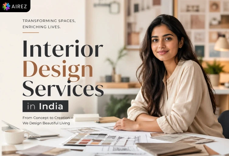 A professional female interior designer in India sitting at a studio desk with fabric swatches, sketches, and a laptop, promoting Airez interior design services.