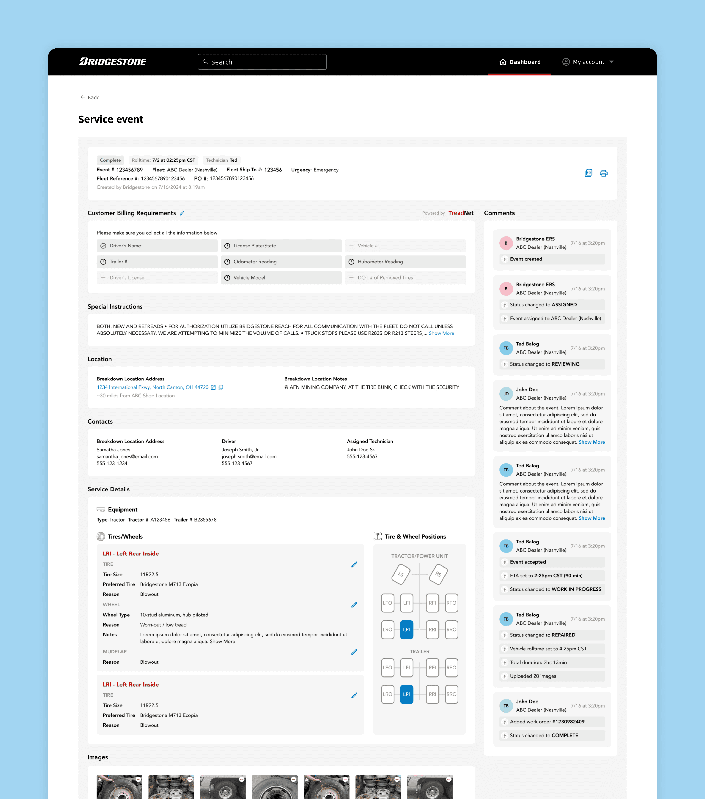 Service events dashboard with summary stats, quick filters, and a table of all service events