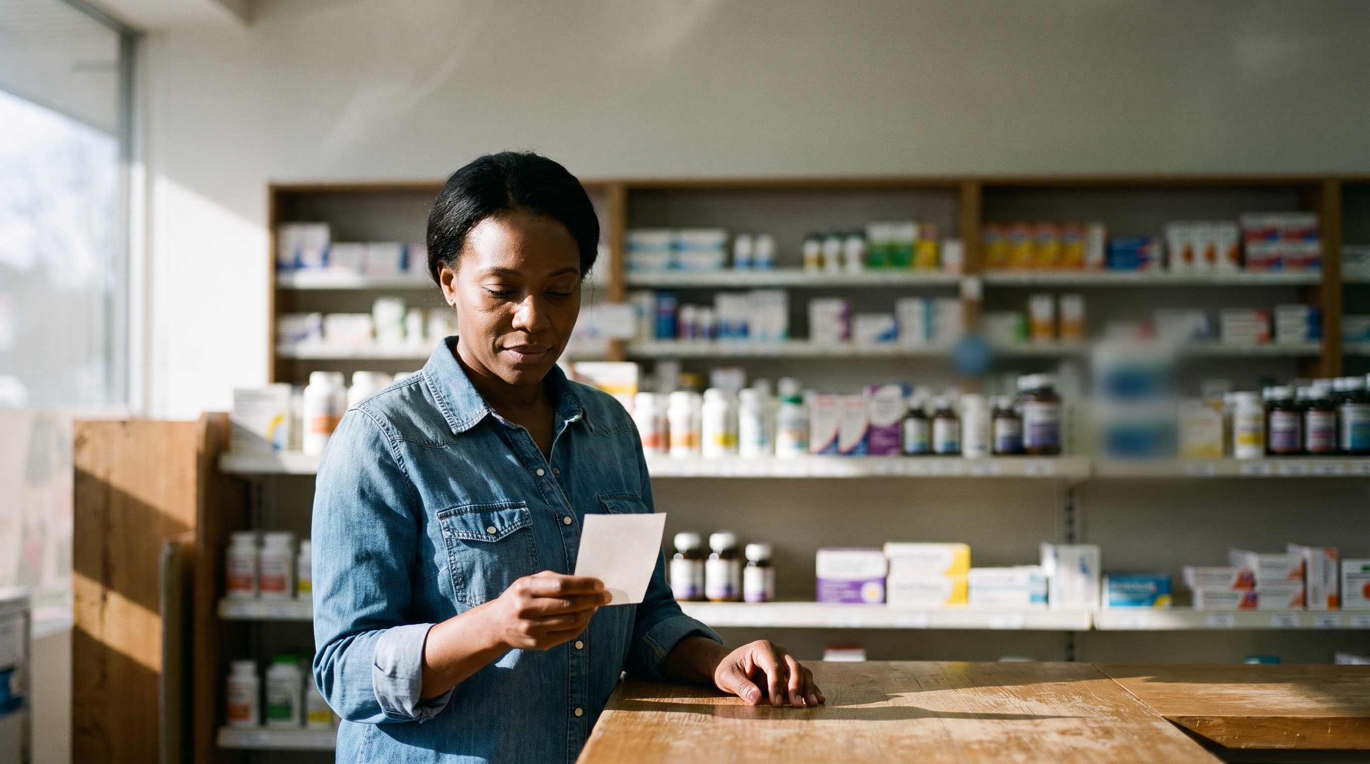 An employee at a pharmacy counter looking at a receipt