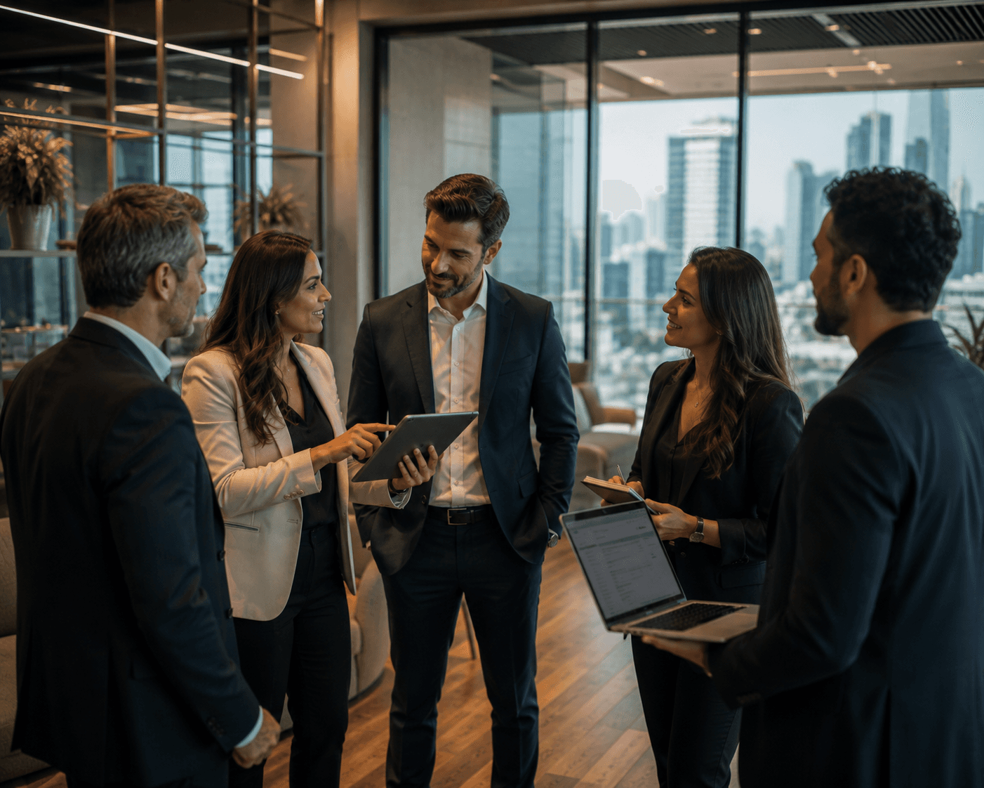 a group of people standing in a room