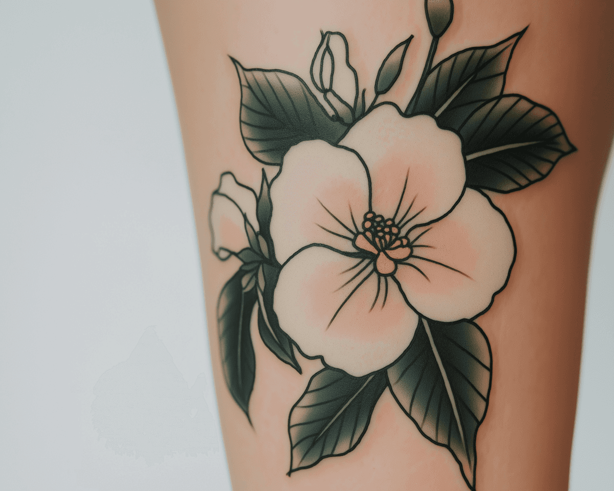 A close-up of a stylized tattoo depicting a light-colored flower with soft pink shading and yellow stamens, surrounded by bold-lined, dark green leaves and buds on a person's skin.