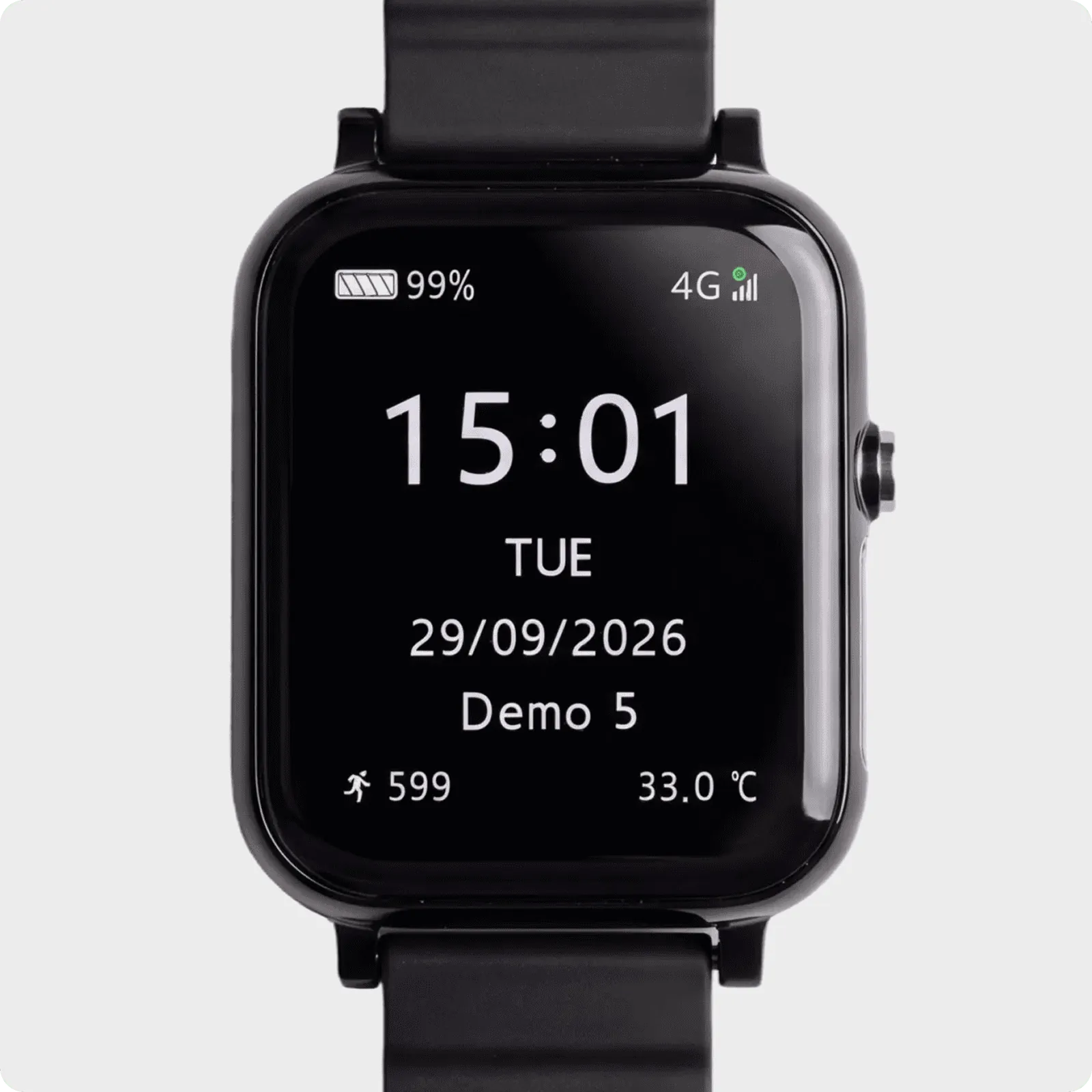 XT901 watch face showing battery, time, date, device name, steps and temperature