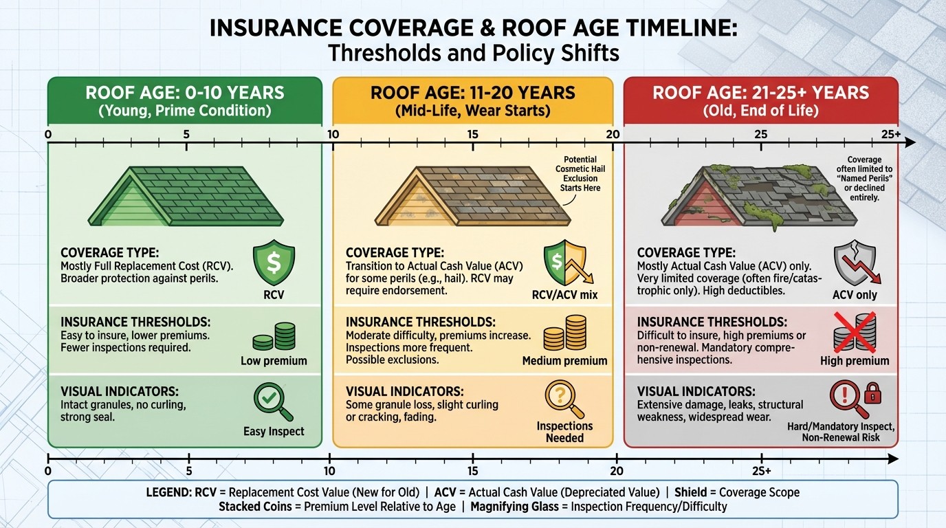 Insurance coverage by roof age showing RCV to ACV transition at 20 years
