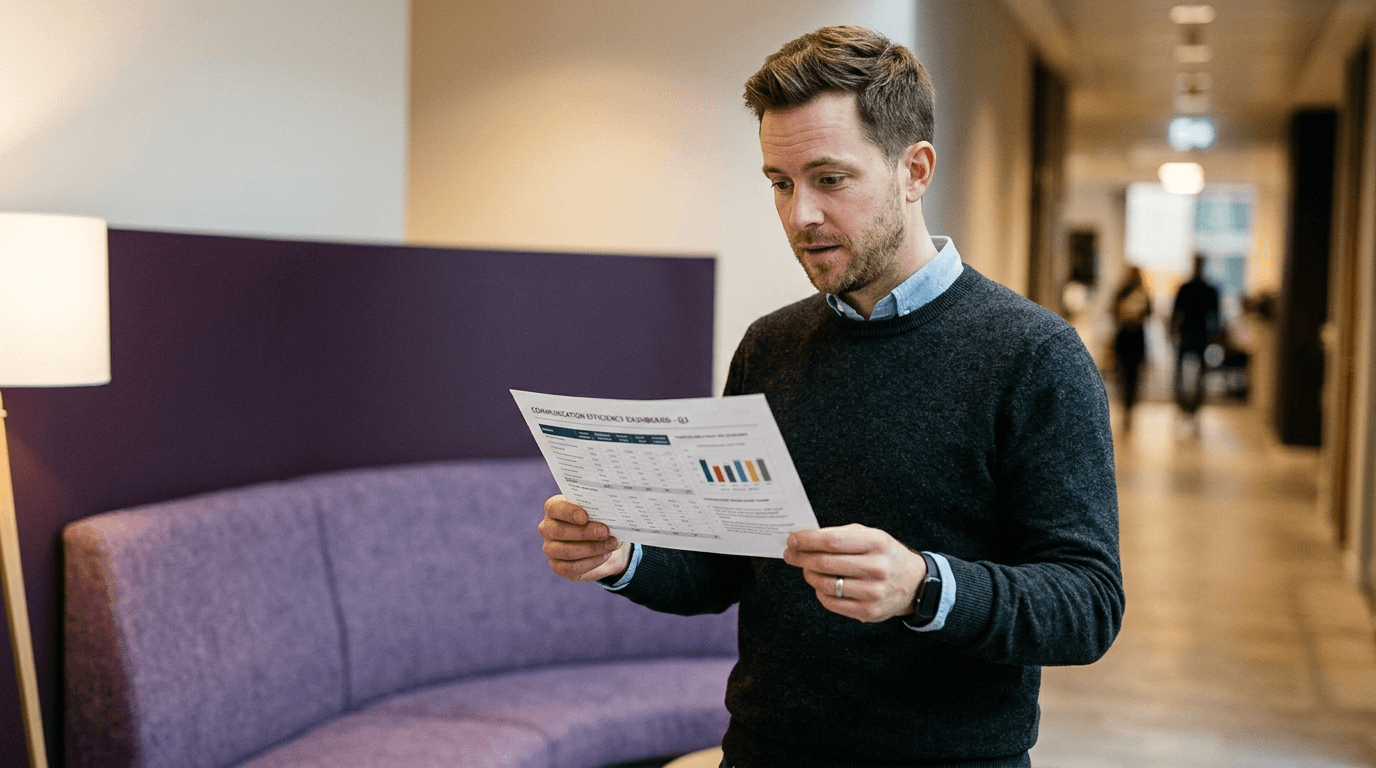 Communications professional reviewing a real-time reputation dashboard summary in a modern office briefing space