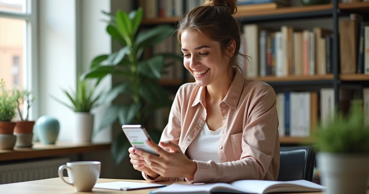 Nutricionista usando aplicativo no celular para automatizar tarefas, consultório ao fundo 