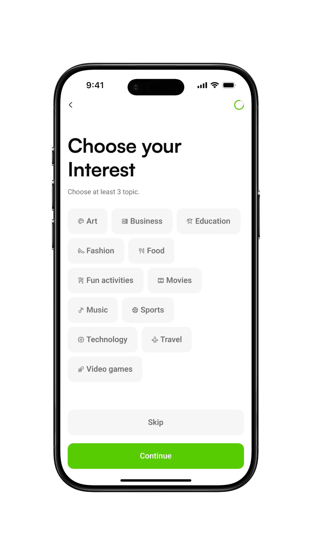 Interest selection mockup