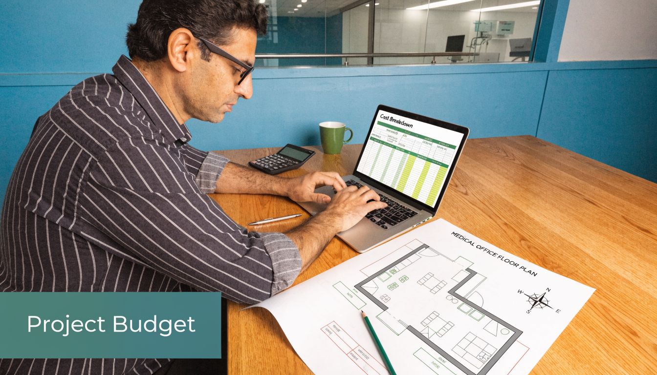 A professional working on a medical office floor plan and budget analysis on a laptop.