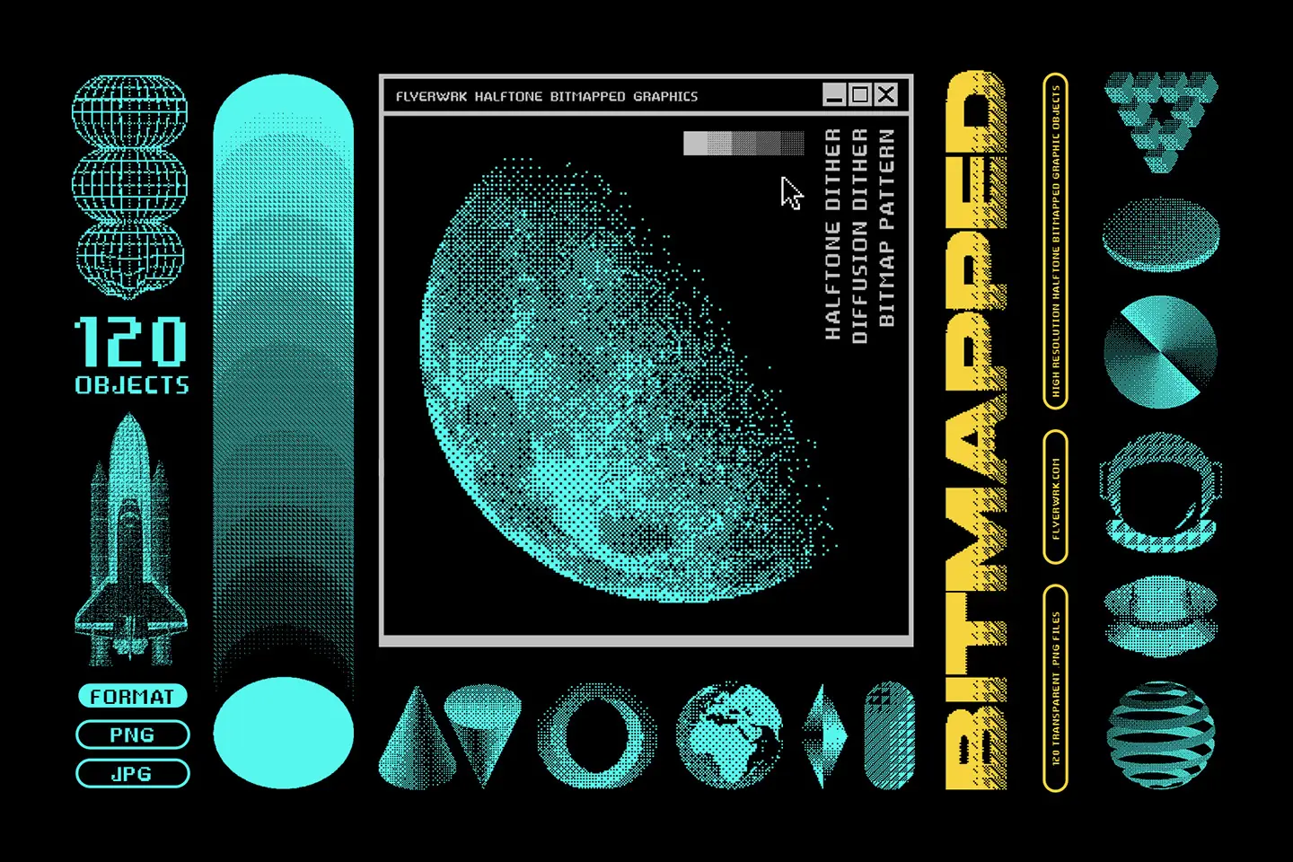Bitmapped design elements collection featuring retro futuristic halftone shapes and lo-fi digital graphic objects