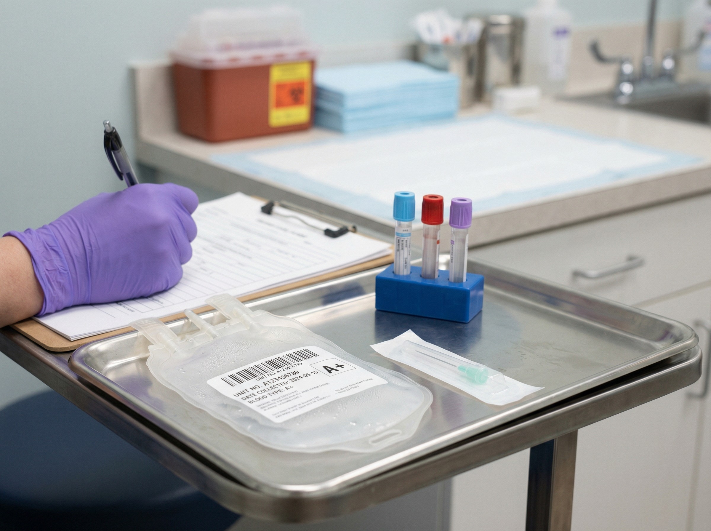 Nahaufnahme einer nummerierten Blutspendetasche, frisch etikettiert. Eine Hand mit Handschuh dokumentiert die Spende auf einem Klemmbrett neben sterilen Röhrchen. Im Hintergrund verschwimmt ein aufgeräumter Arbeitstisch. Der Moment zeigt Sorgfalt, Hygiene und präzise Dokumentation. Ein weiches Licht hebt Etikett und Zahlenfolgen deutlich hervor.