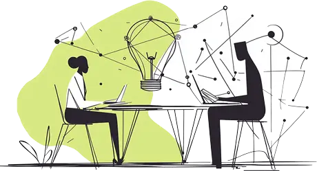 Ilustrație cu doi profesioniști în domeniul stomatologic participând la o sesiune de instruire online, utilizând laptopuri și materiale de formare, simbolizând implementarea eficientă a dROOT