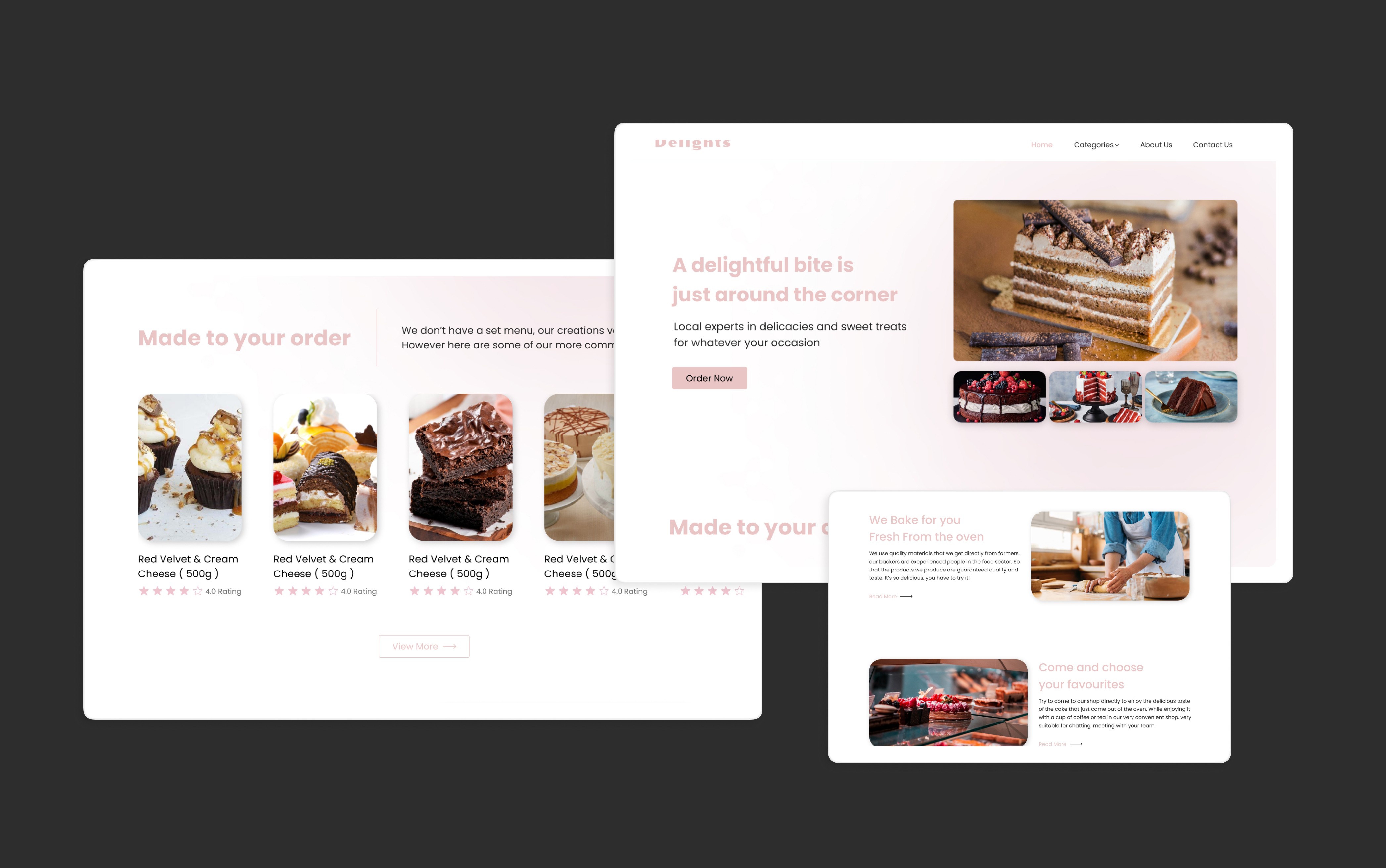 Three screenshots of a website designed for a bakery