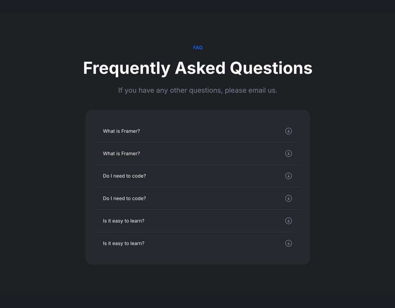 Framer Dark FAQ Section - Frameblox UI