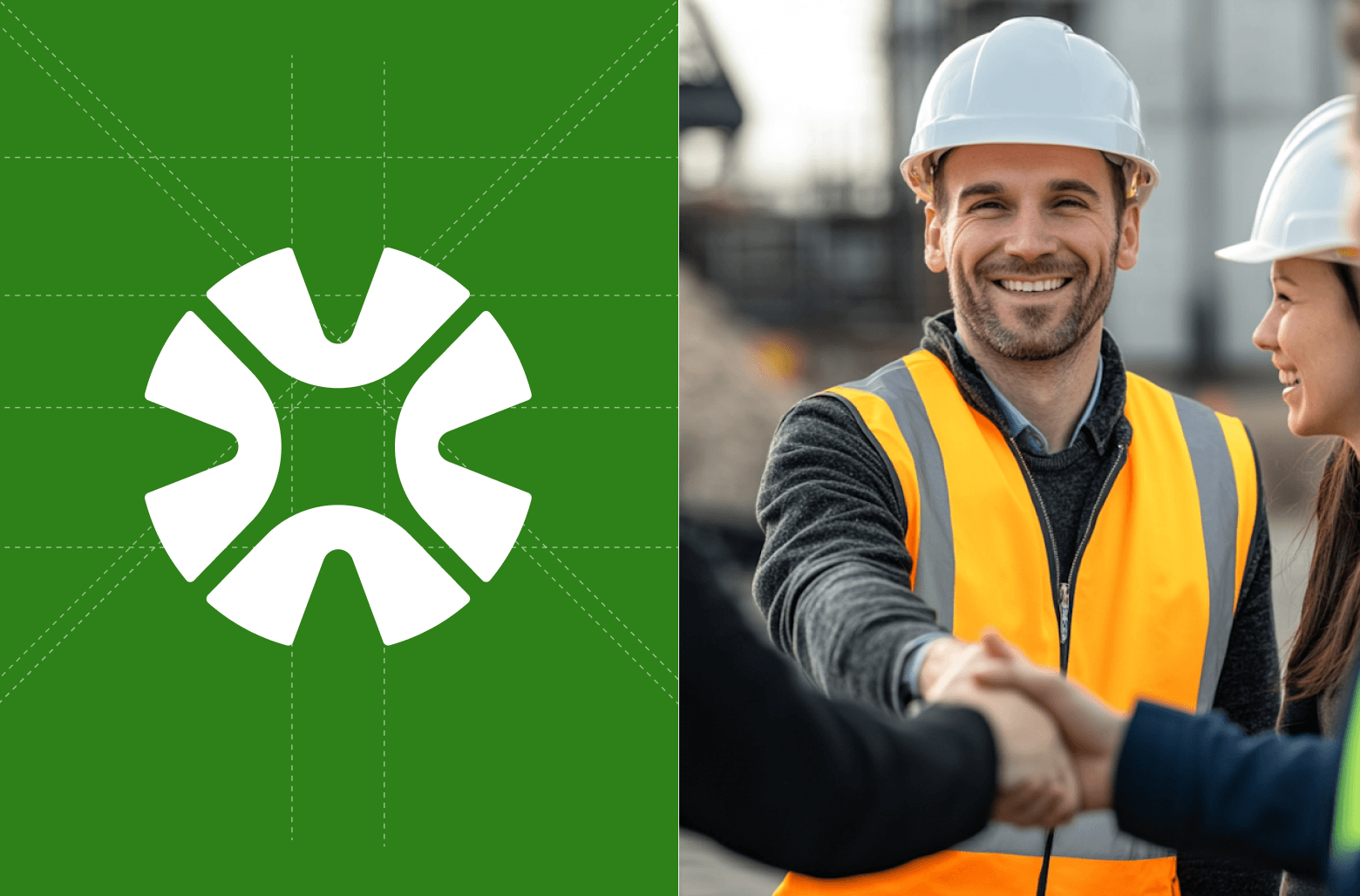 Construction workers handshake wearing safety helmets and vests