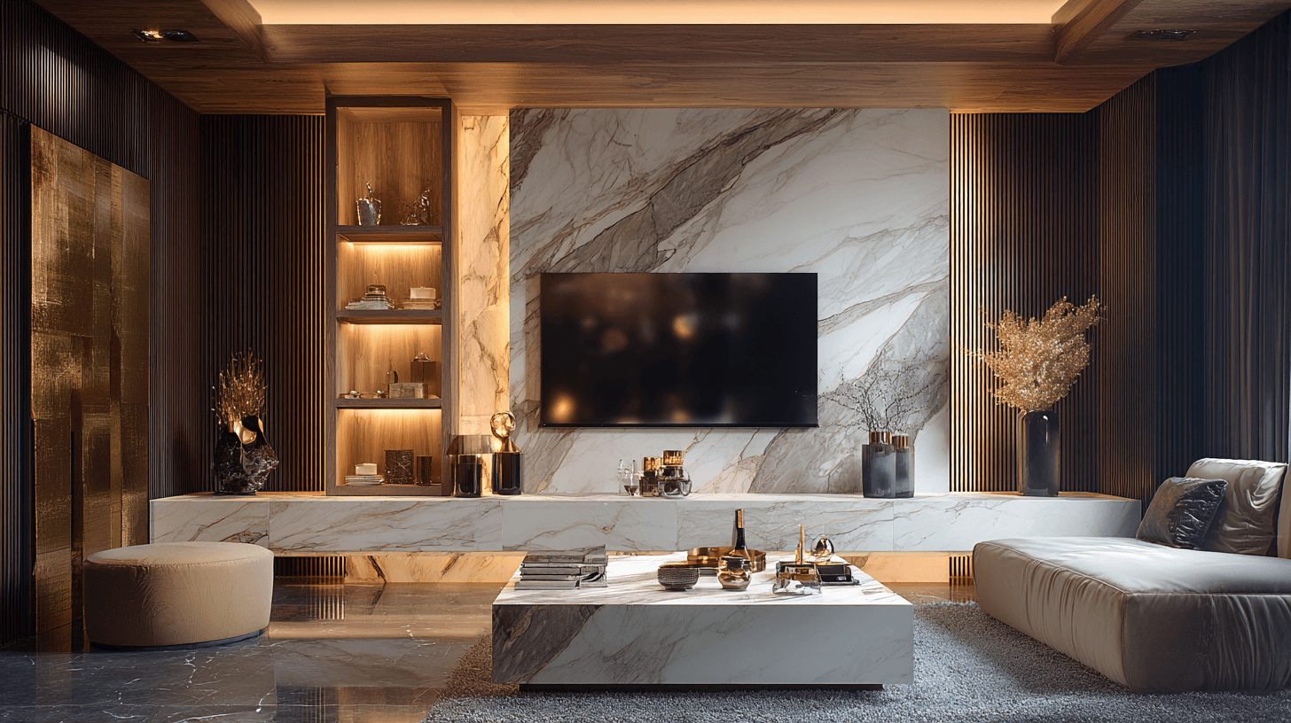 Marble Accent TV Wall with Backlit Panel and Floating Console