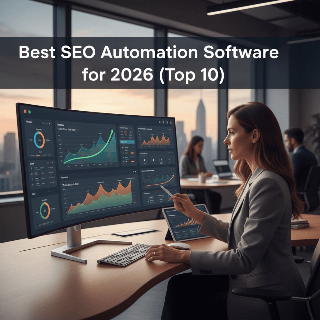 Marketing professional reviewing best SEO automation software dashboards with traffic growth charts