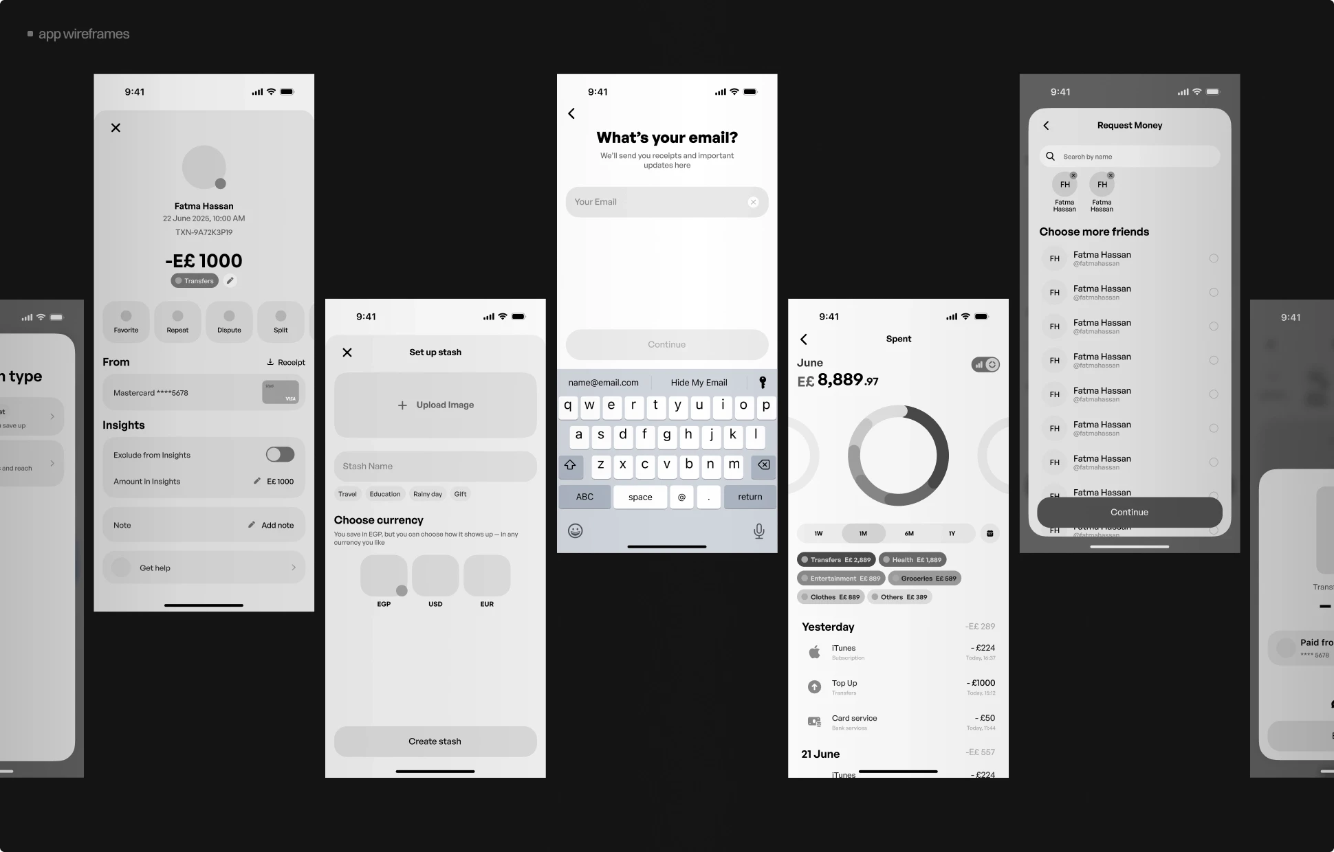 Kiwe Bank app wireframes — transaction detail, email input, stash setup, spending overview, and money request screens