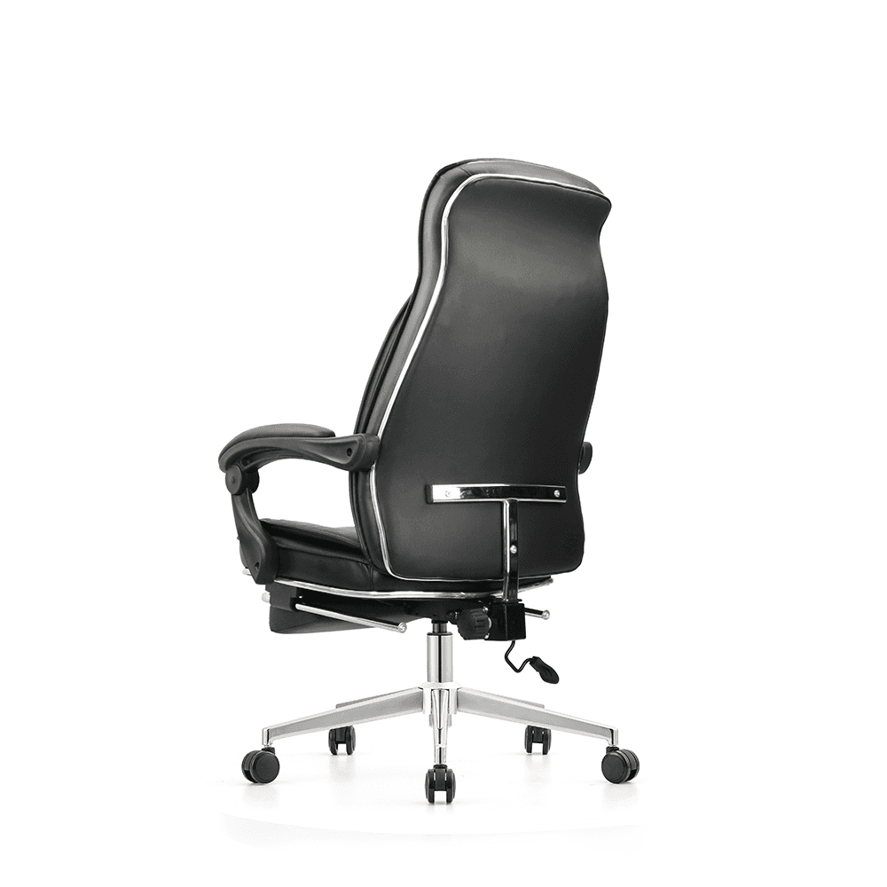 Rear three-quarter view of a black leather executive office chair highlighting the chrome T-bar back support, reinforced stitching, and a heavy-duty aluminum base with smooth-rolling casters.