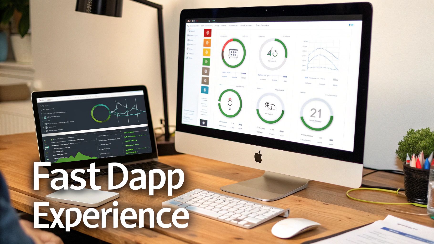 A modern desk setup with a laptop and a large monitor displaying data dashboards, promoting a fast Dapp experience.