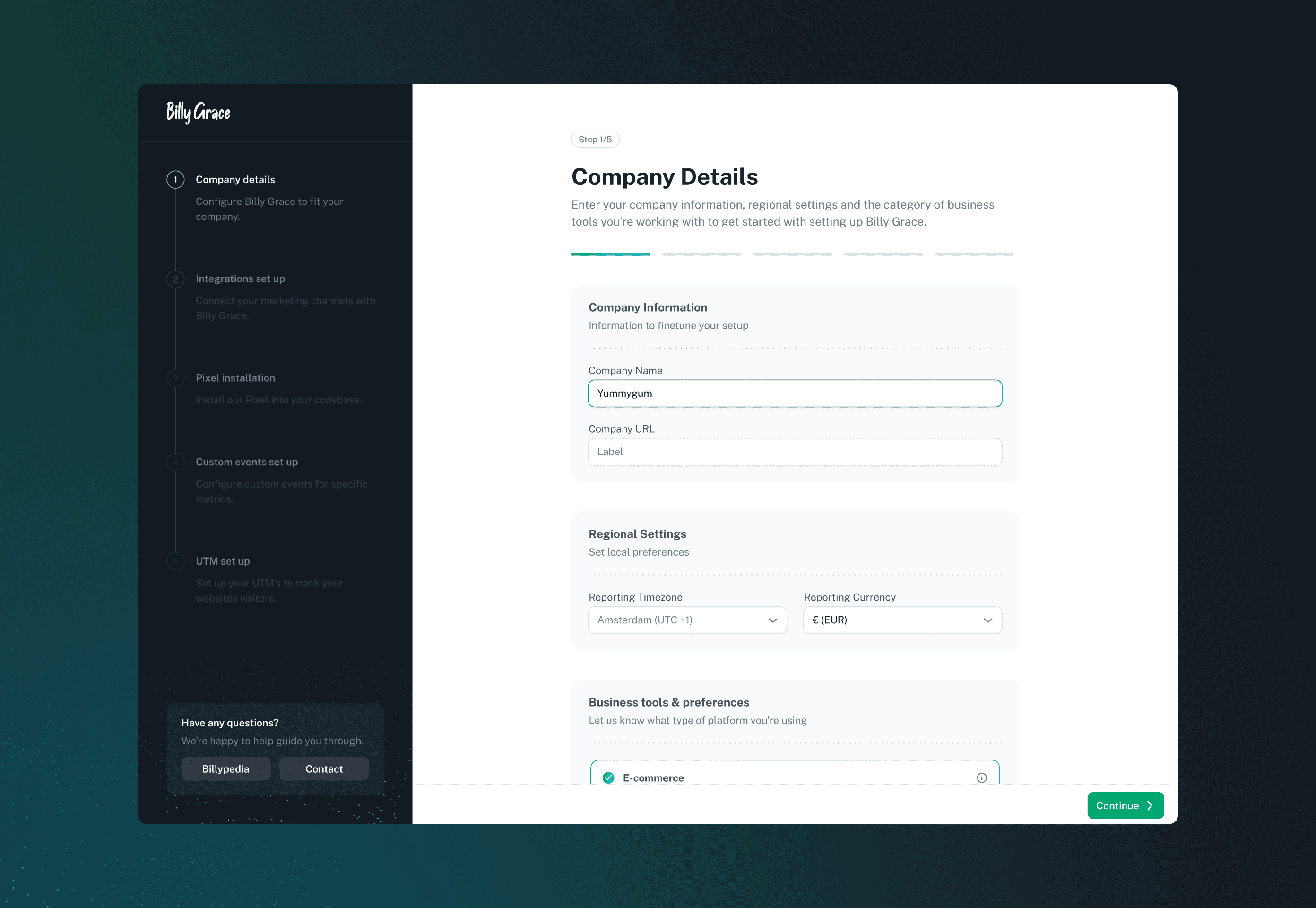 Billy Grace onboarding sidebar
