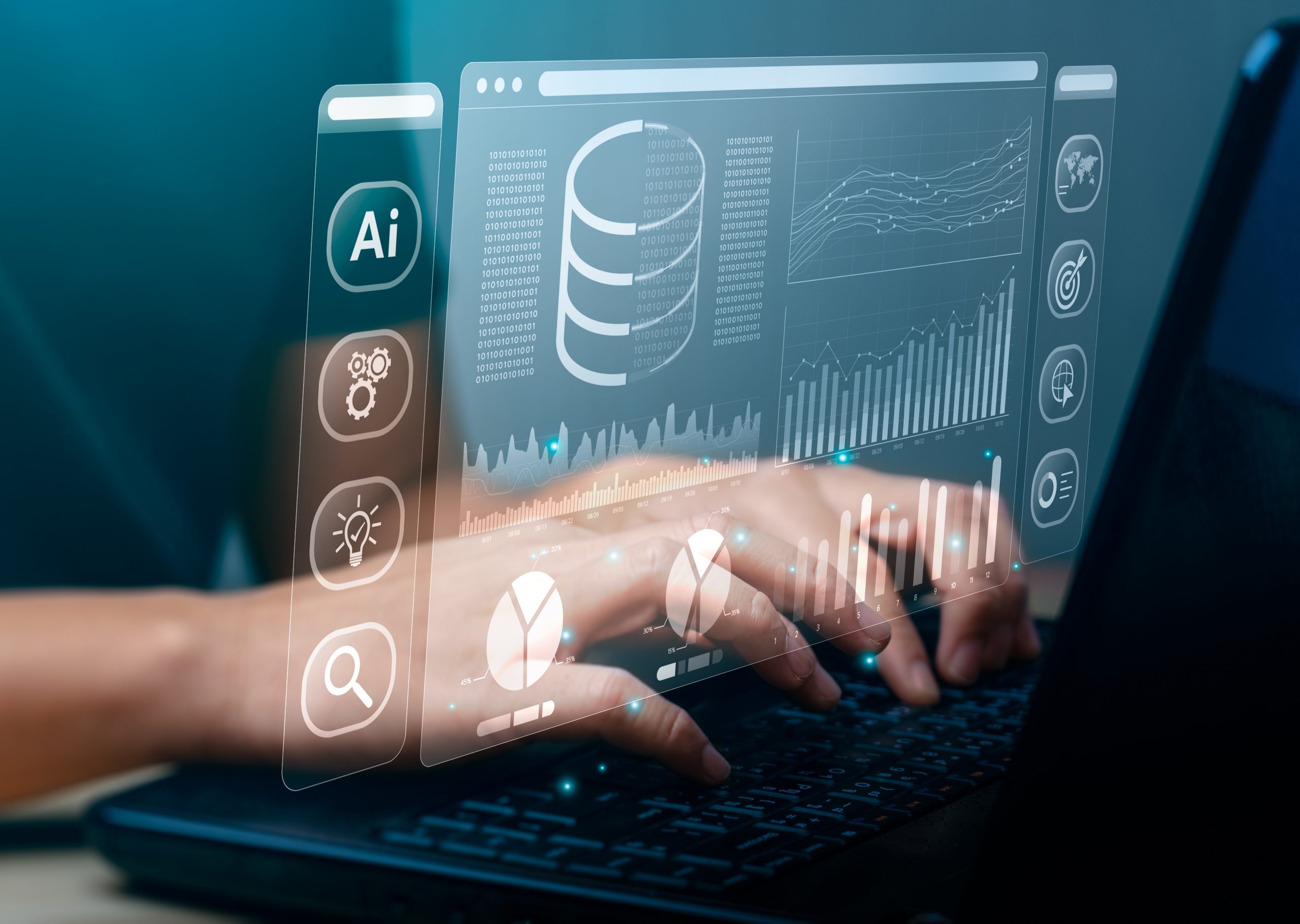 Dipendente al computer con grafica di intelligenza artificiale e automazione nel lavoro, rappresentazione del futuro delle risorse umane e della digitalizzazione HR.