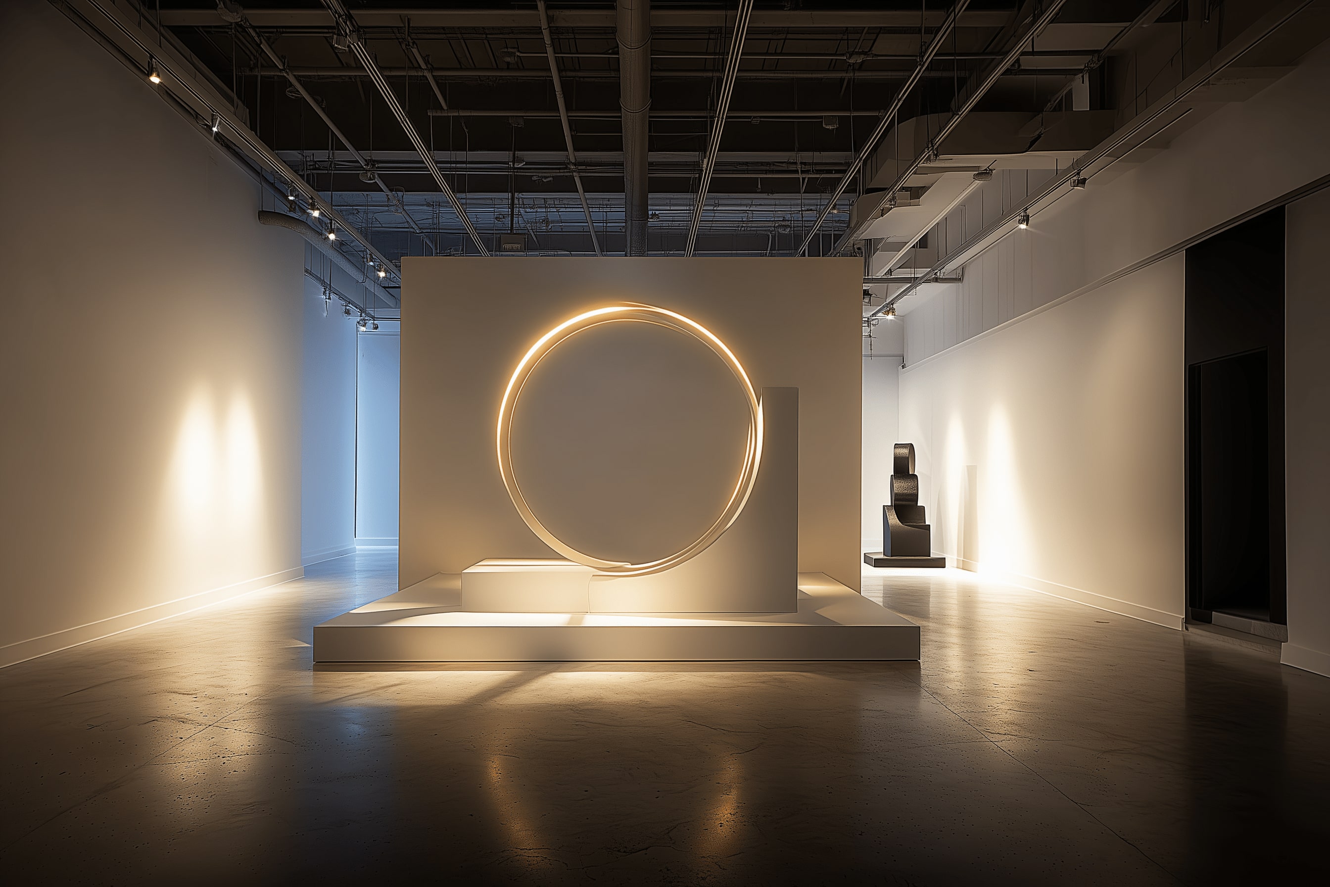 Circle architectural exhibition in center of a room of a museum