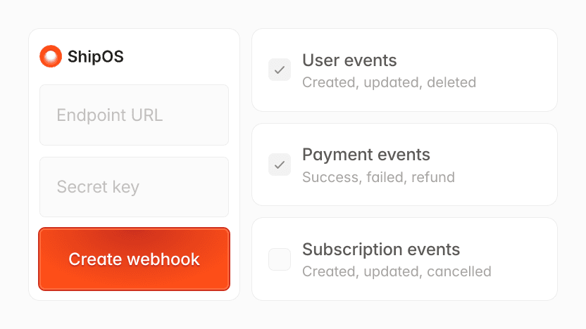 ShipOS webhook creation form with options for user, payment, and subscription events.