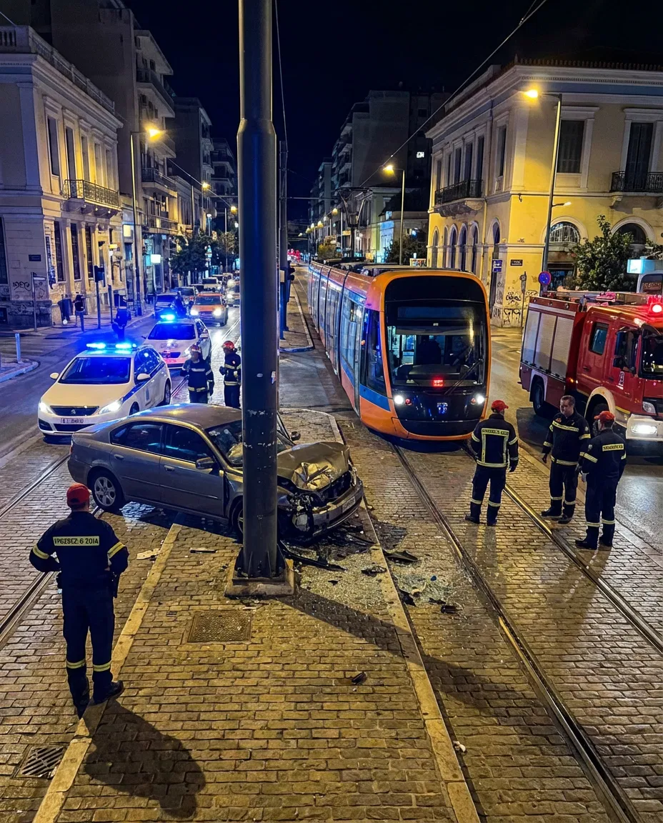 Nighttime crash scene in Nea Smyrni