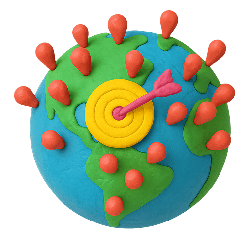Colorful globe with orange pins marking locations and a yellow target with a dart in the center.