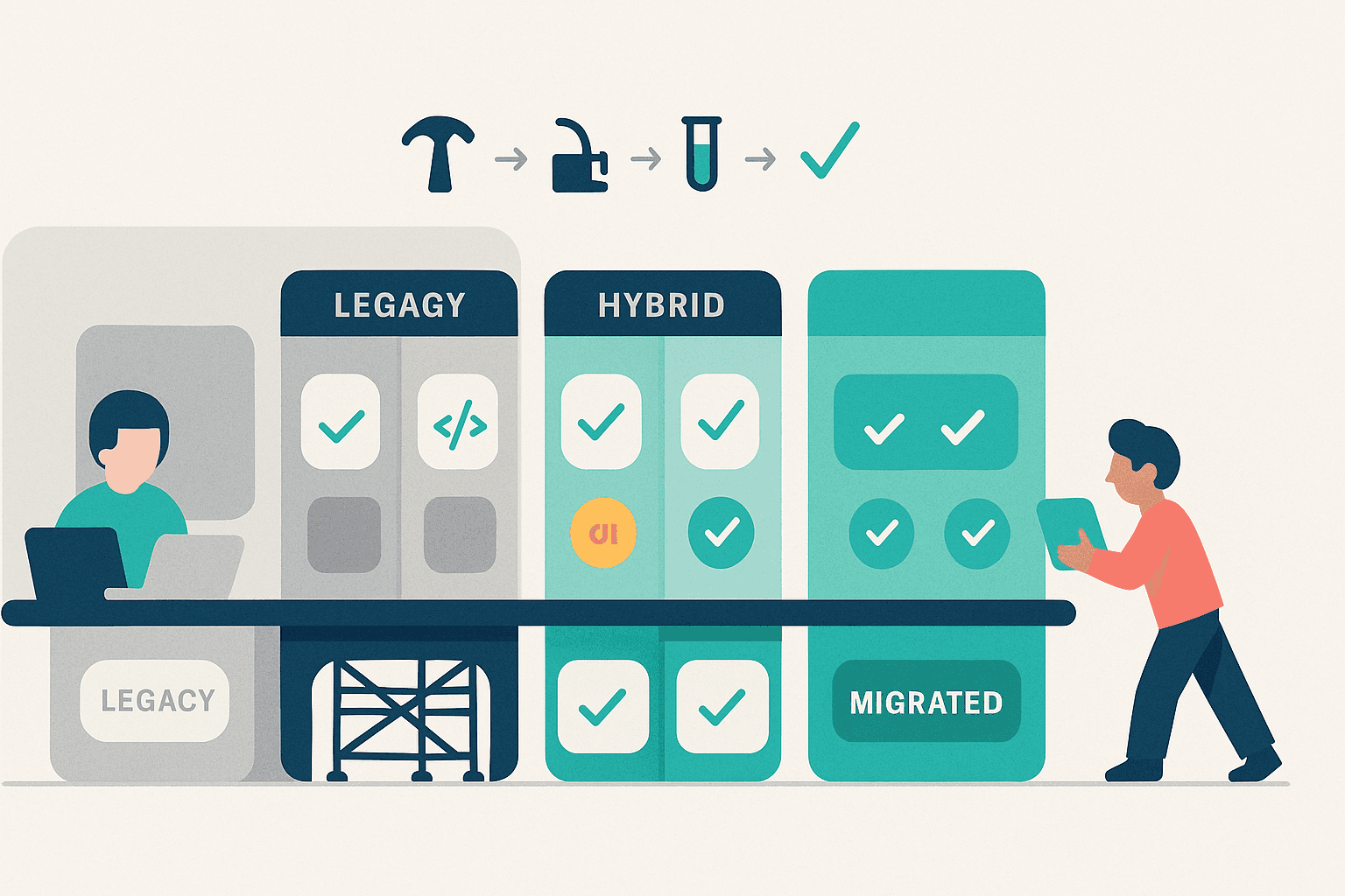 “A horizontal migration flow showing legacy, hybrid, and fully migrated React components on a visual track, with scaffolding under hybrid cards and a small character pushing the final migrated component forward.”