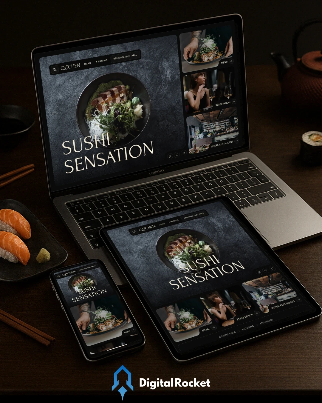 Site vitrine pour un restaurant japonais à Nîmes, créé par Digital Rocket. Design élégant et sombre inspiré de la gastronomie japonaise, optimisé pour la réservation en ligne.