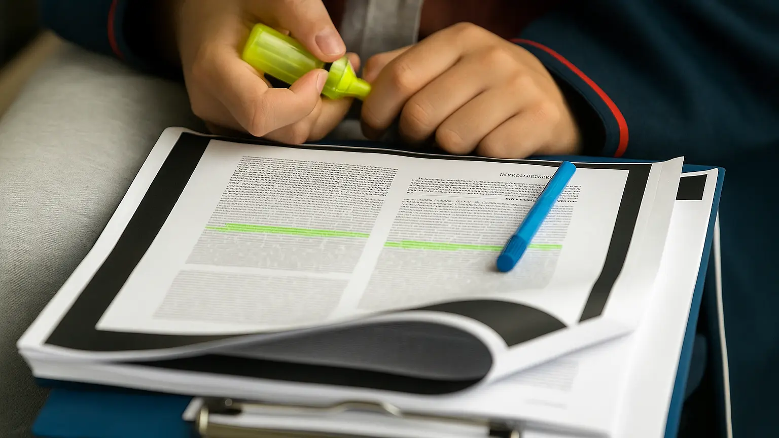High school students reviewing research papers during RISE Research summer programs in STEM or law with Ivy League mentorship and academic skill-building.
