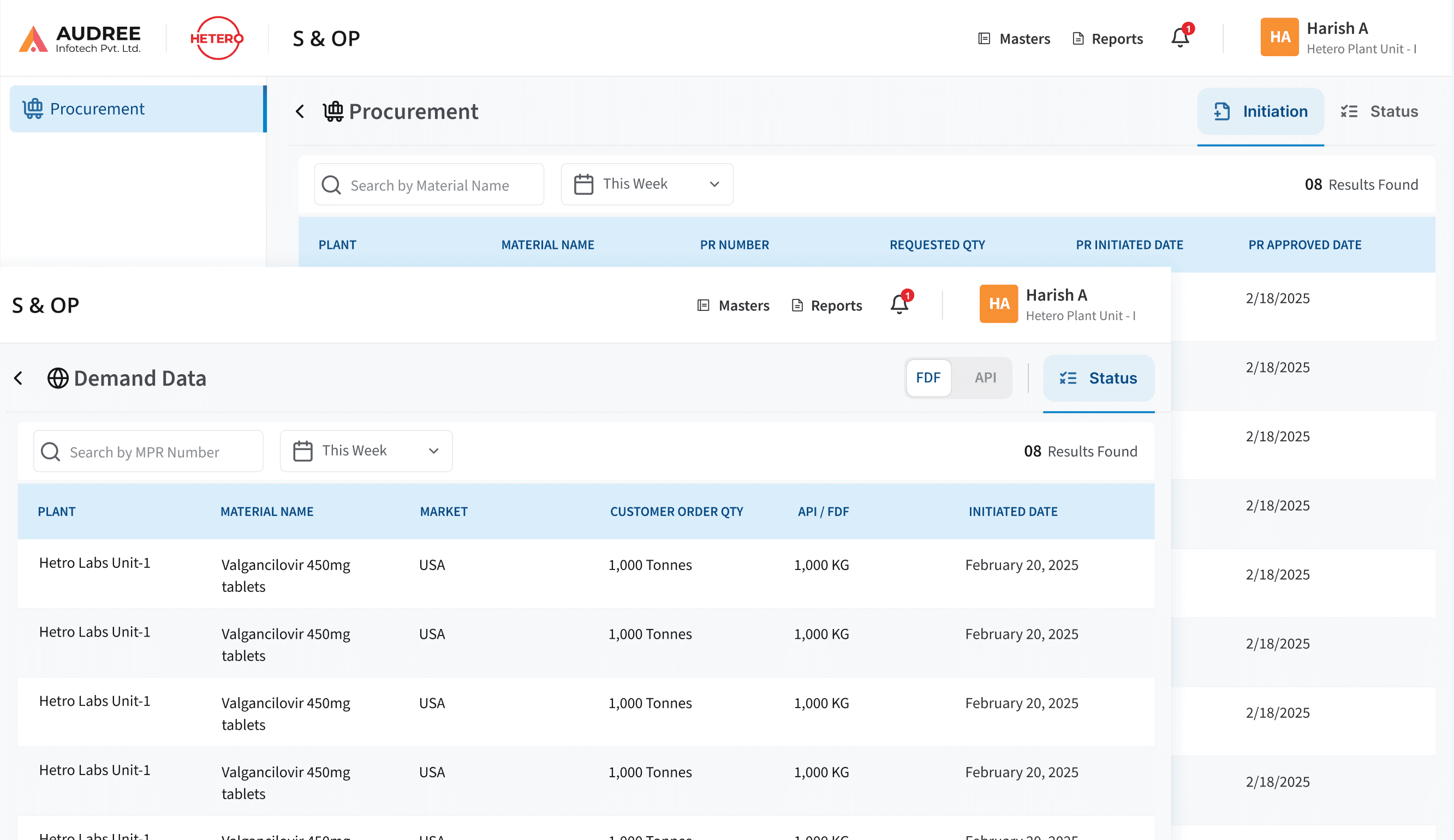 S&OP Clear Demand and Procurement Screen