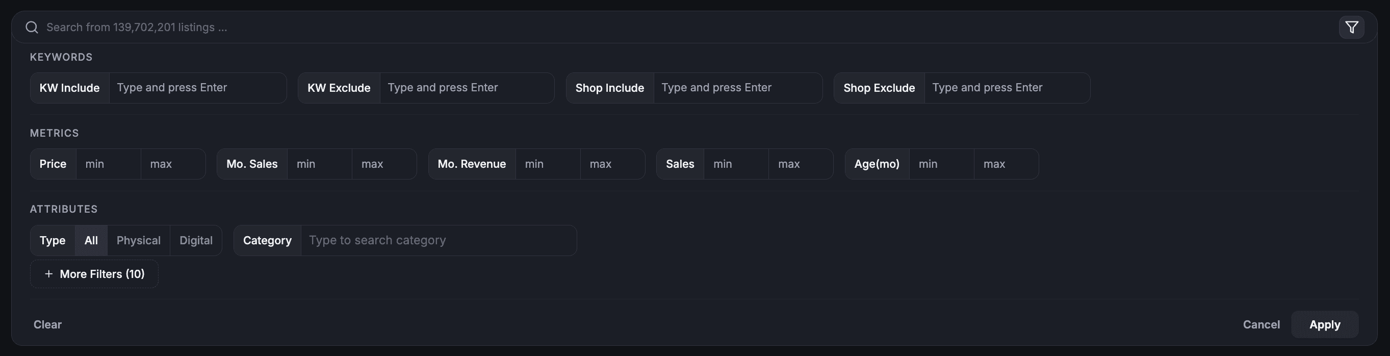 ListingView Database filter panel with keyword, price, sales, and category options for Etsy research