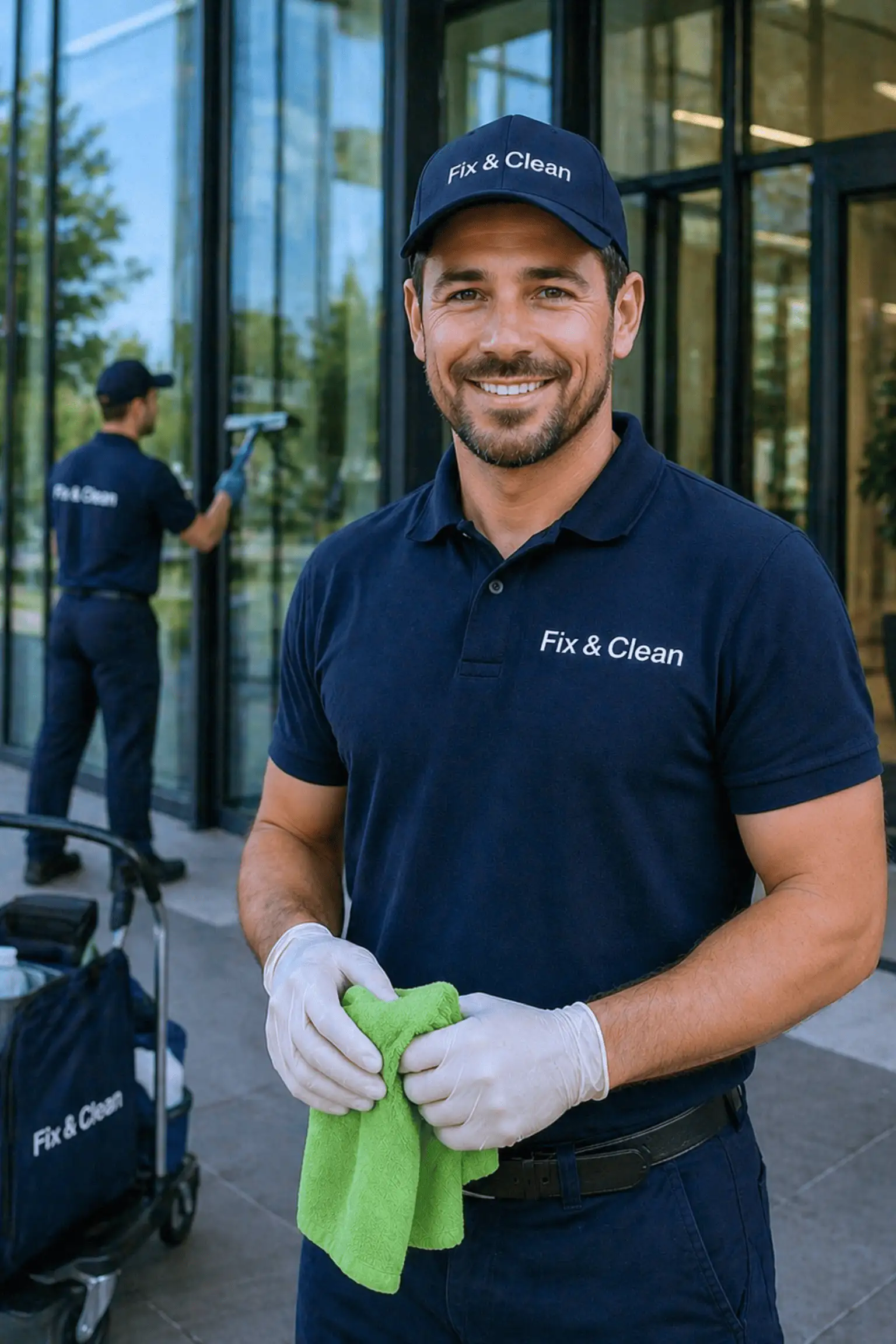 Gebäudereiniger von Fix & Clean mit Reinigungsspray und Tuch vor Firmenlogo