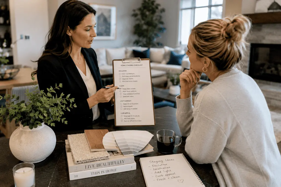 A real estate agent discussing a decluttering checklist with a homeowner in a bright, modern living room.